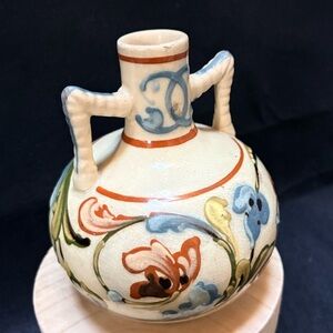 Vintage Hand-Painted Mid-Century Floral Ceramic Vase with Handles